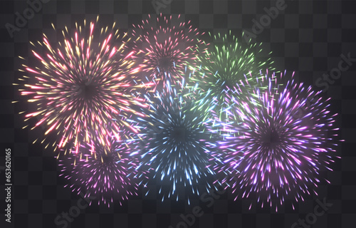Vector festive fireworks isolated on png. New Year's Eve fireworks with brightly shining sparks. Realistic sparks and explosions. Colorful pyrotechnics show. Vector isolated on png background.