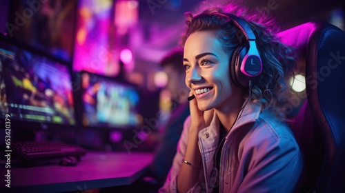 Beautiful Woman Gamer Is Playing Game On Computer Using Headphones