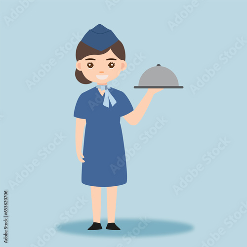 Stewardess. Woman hostess professional blue uniform of boarding airplane girl vector cartoon characters. Stewardess and hostess attendant illustration cartoon character