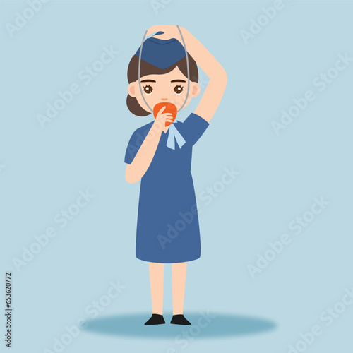 Stewardess. Woman hostess professional blue uniform of boarding airplane girl vector cartoon characters. Stewardess and hostess attendant illustration cartoon character