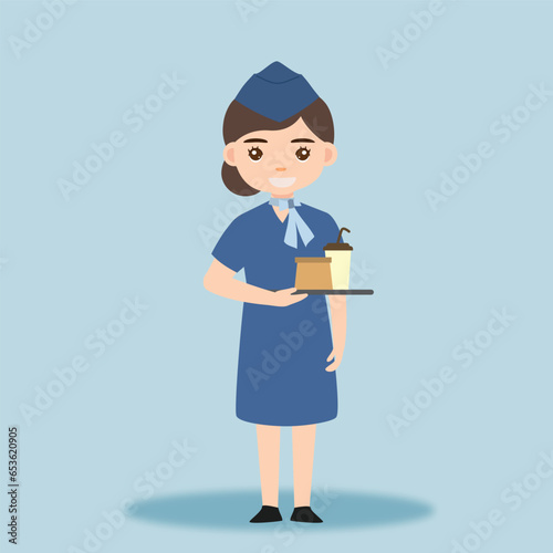 Stewardess. Woman hostess professional blue uniform of boarding airplane girl vector cartoon characters. Stewardess and hostess attendant illustration cartoon character