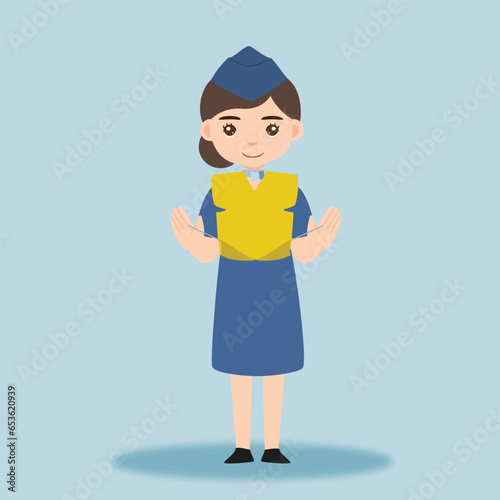 Stewardess. Woman hostess professional blue uniform of boarding airplane girl vector cartoon characters. Stewardess and hostess attendant illustration cartoon character