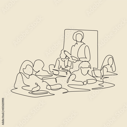 Single continuous line drawing of young happy trainer giving lifeskill lesson to the class members. Business training