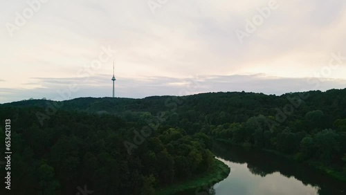 View from above of the city and park, river and TV tower. Vilnius, Lithuania