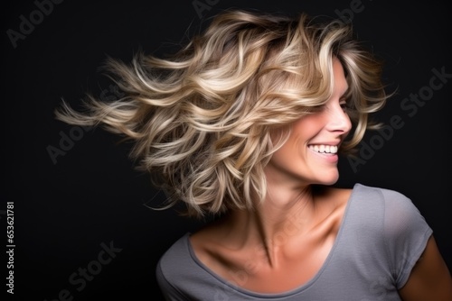 photo half-turn portrait of a blonde woman with a fashionable haircut and a perfect smile in a dark plain blouse, gray background