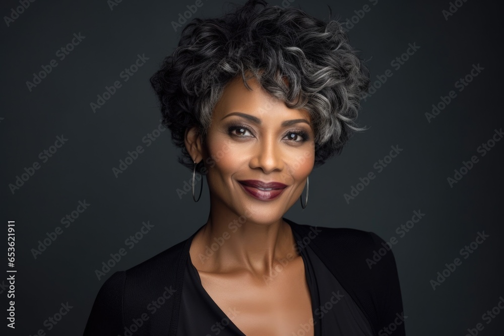 photo of a profole of a 45-year-old African woman with a fashionable haircut in a plain blouse, eye contact, smile, dark background photo of a profole of a 45-year-old African woman with a fashionable haircut in a plain blouse, eye contact, smile, dark background