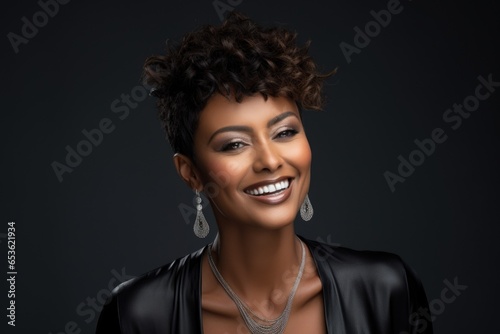 photo of a profole of a 45-year-old African woman with a fashionable haircut in a plain blouse, eye contact, smile, dark background photo