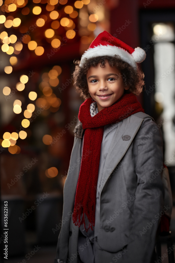 Portrait happy African American Christmas Child boy outside, Happy Boy on festive Christmas background on decorated street, New Year miracle.