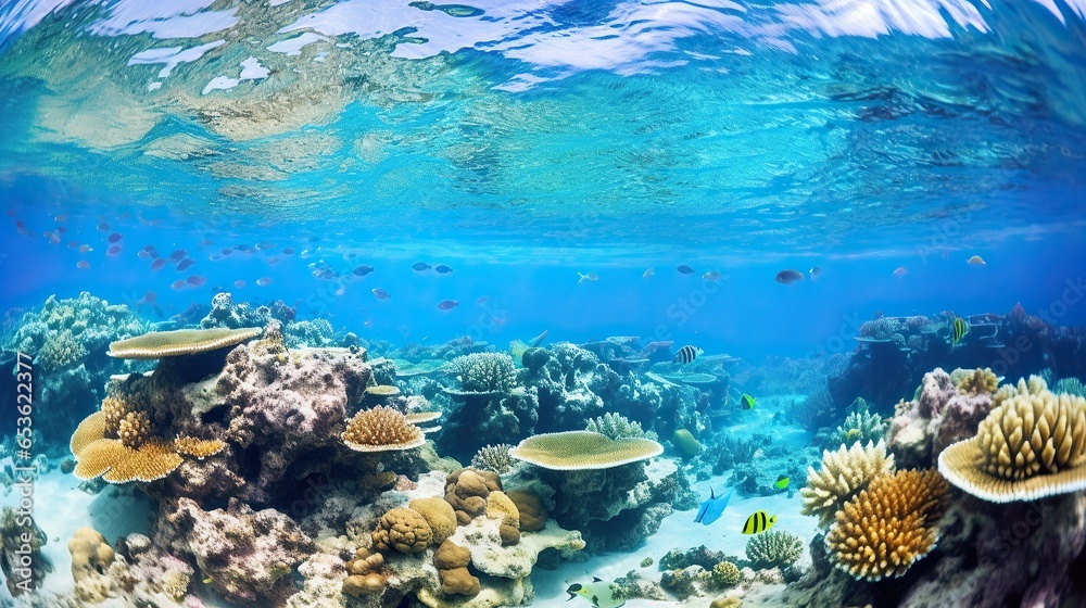 Underwater world, Underwater views, coral reefs and fish. Generative AI