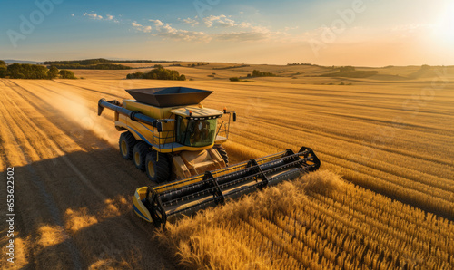 Combine harvester harvesting golden ripe wheat in field, aerial view. Agriculture farm concept. Big modern industrial combine harvester reaping wheat grains.