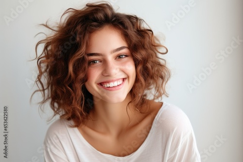 Portrait of young beautiful cute cheerful teenage redhead girl laughing. Teen girl with red hair looking at camera over light gray background.
