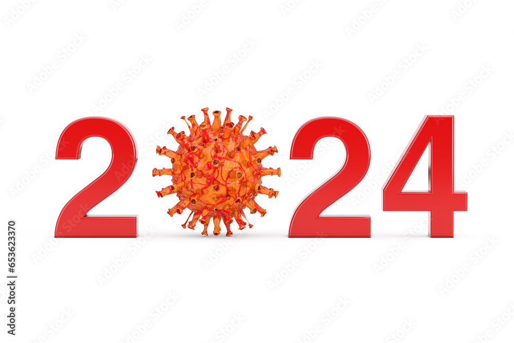 2024 Year with Zero Symbol as COVID-19 Corona Viruses Bacterias. 3d Rendering - obrazy, fototapety, plakaty 