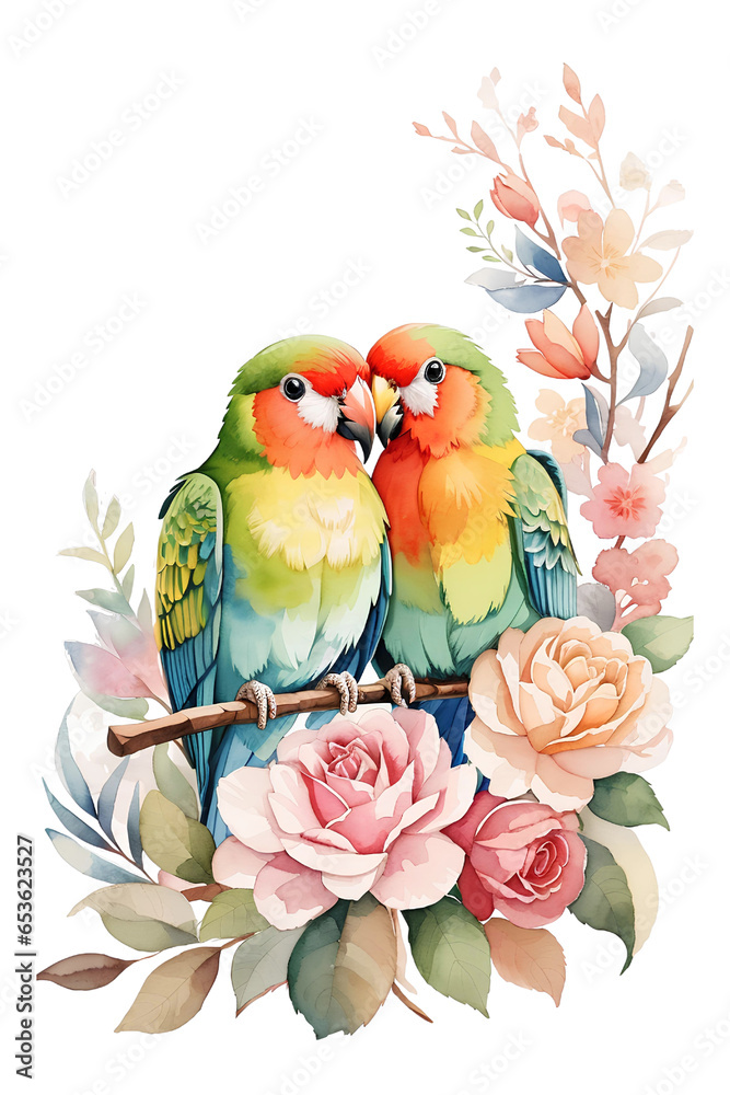 Couple lovebird on a branch with flower, isolated on a transparent background. Clip art of cute animal for design, greeting card, invitation, template, textile, or wall art