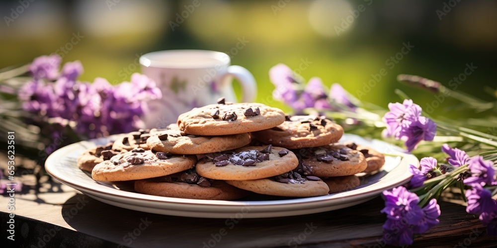 Chocolate chips cookies with selective focus. Generative AI