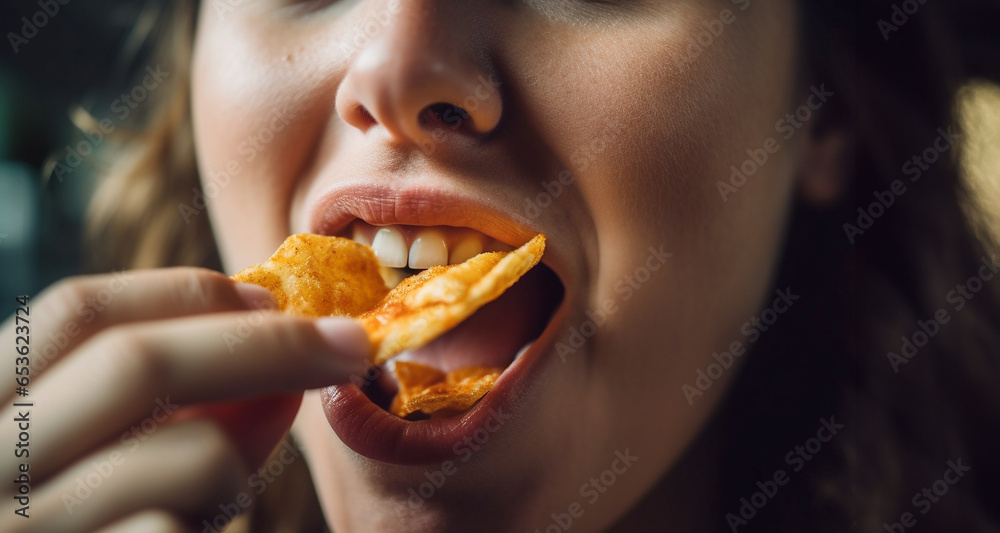 Person eating delicious potato chips. Close up of mouth eat potato chips. Chips with teeth. Tasty delicious fast food. Eating crisps. Fast food close-up unhealthy snack