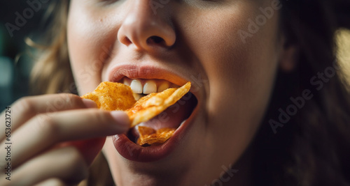 Person eating delicious potato chips. Close up of mouth eat potato chips. Chips with teeth. Tasty delicious fast food. Eating crisps. Fast food close-up unhealthy snack photo