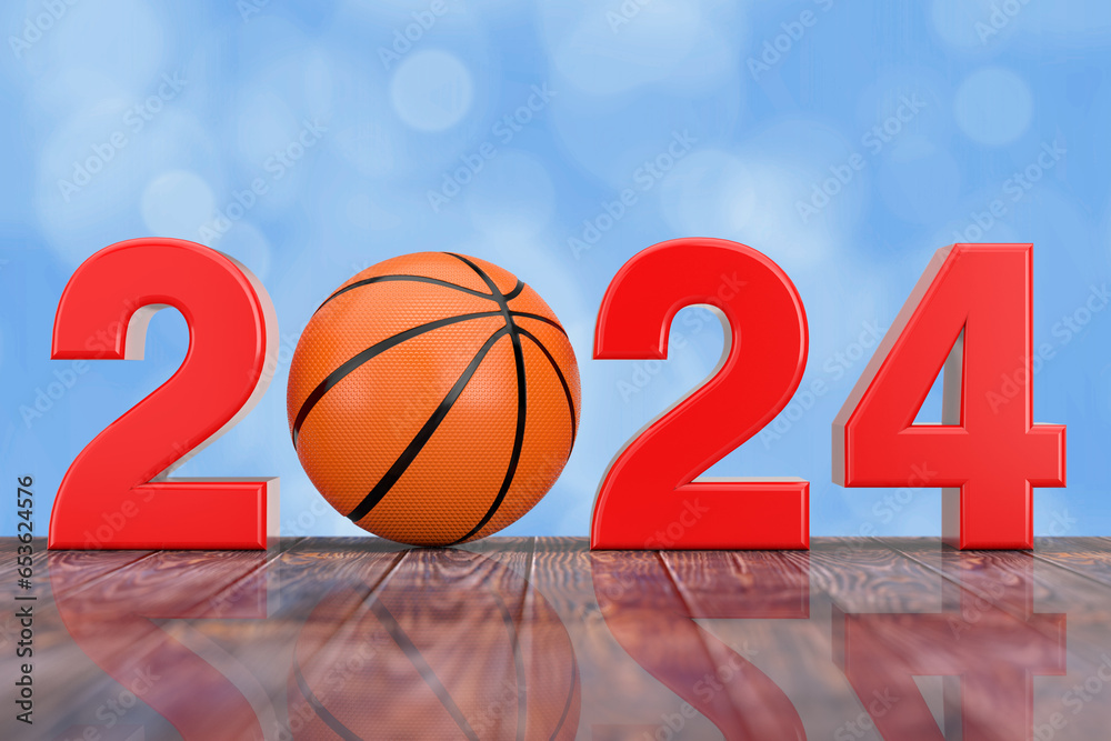 2024 New Year Sign with Basketball Ball. 3d Rendering