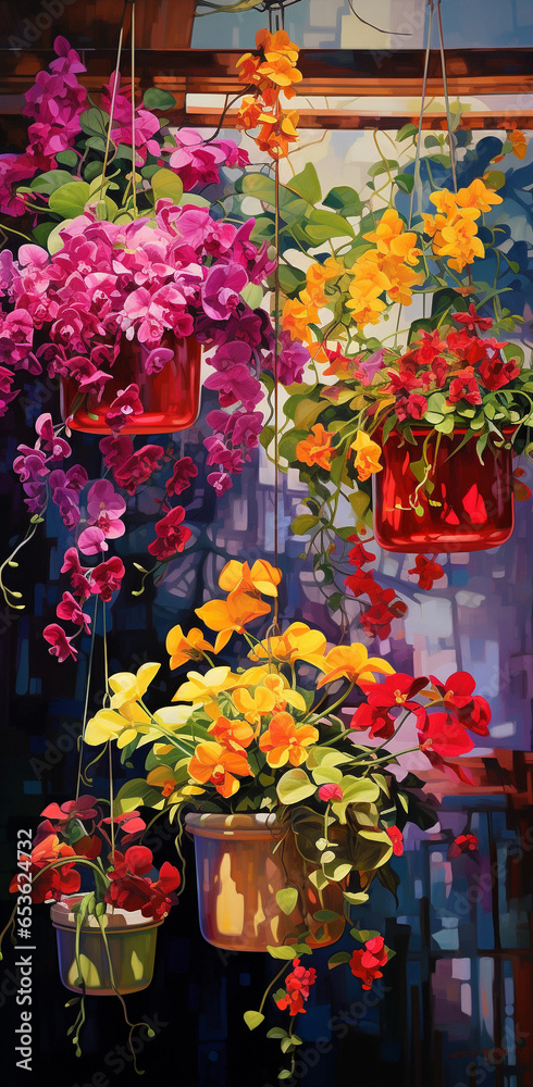 drawing with bright multi-colored flowers in hanging flowerpots