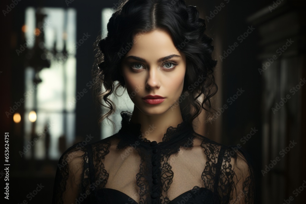 Young woman dressed as a classic vampire, complete with fangs and a dark, gothic setting, Generative AI Young woman dressed as a classic vampire, complete with fangs and a dark, gothic setting, Generative AI