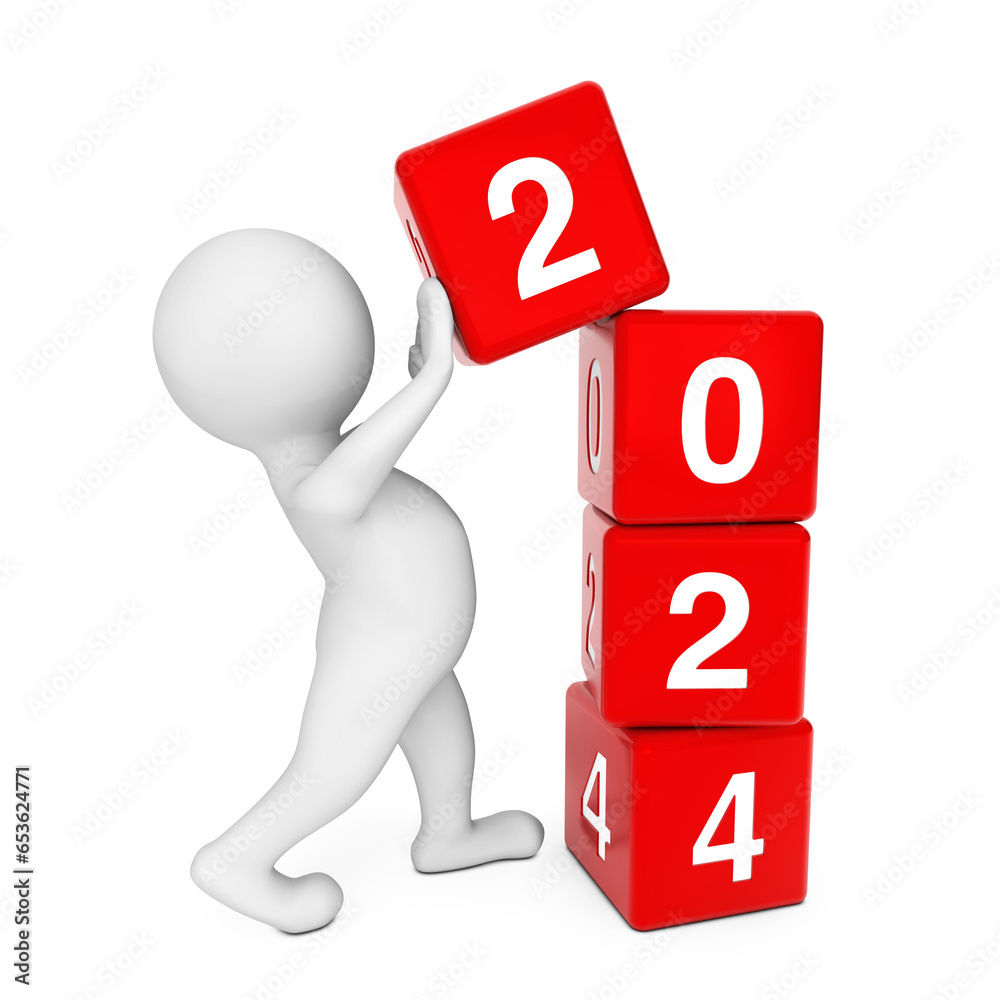 New 2024 Year Concept. Person Placing 2024 New Year Cubes. 3d Rendering New 2024 Year Concept. Person Placing 2024 New Year Cubes. 3d Rendering
