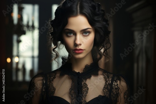 Young woman dressed as a classic vampire, complete with fangs and a dark, gothic setting, Generative AI © Shooting Star Std