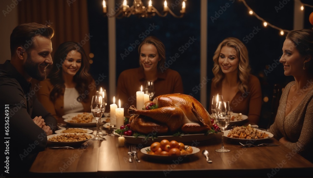 Thanksgiving family dinner with turkey and candlelight. Thanksgiving Day holiday celebration Thanksgiving family dinner with turkey and candlelight. Thanksgiving Day holiday celebration