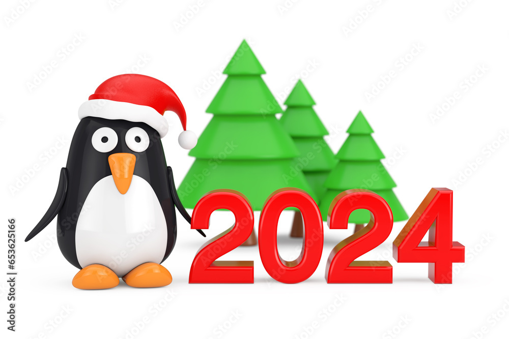 Naklejka premium Green Trees and Cartoon Penguin Character with Santa Hat near 2024 New Year Sign. 3d Rendering