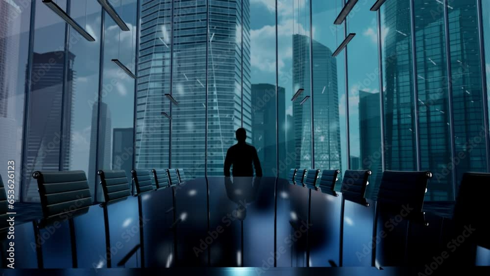 Investor Relations. Businessman Working in Office among Skyscrapers. Hologram Concept