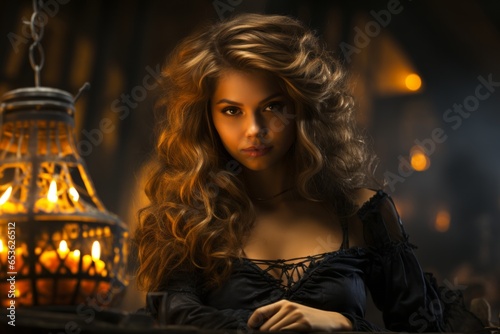 Young woman in a spooky witch costume with a bubbling cauldron in the background, Generative AI