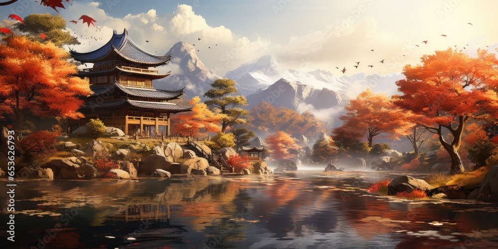 Illustration Beautiful autumn in the Chinese village. Generative AI