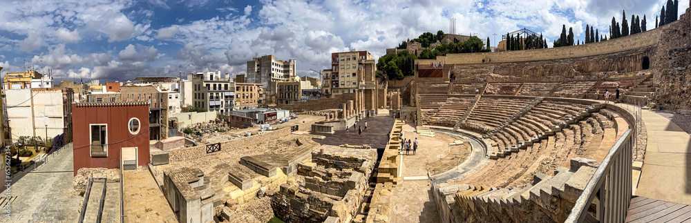 Cartagena, Spain-September, 10, 2023: view of ruins of Roman Theatre. Selective focus