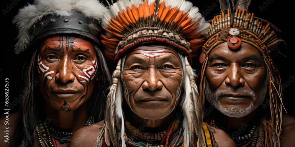 portrait of three Native American brave noble warrior. Generative AI portrait of three Native American brave noble warrior. Generative AI