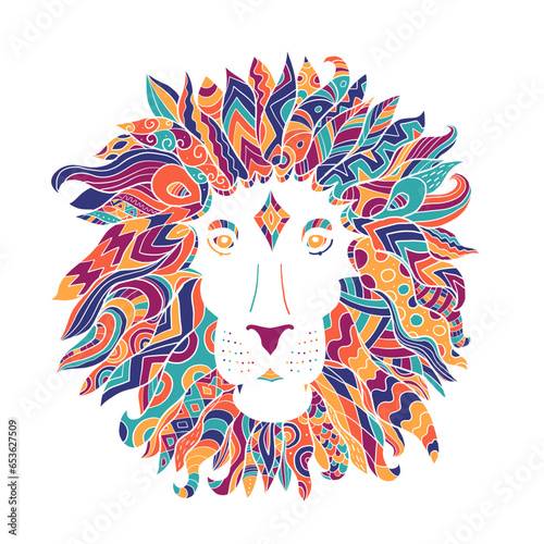 Hand drawn outline lion head decorated with abstract doodle zentangle ornamen...