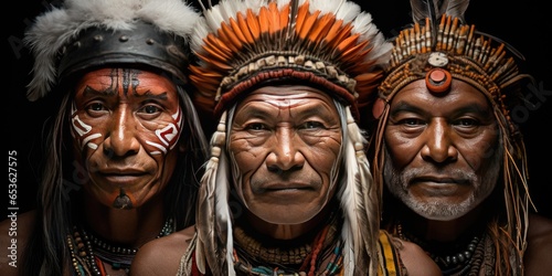 portrait of three Native American brave noble warrior. Generative AI © 22_monkeyzzz