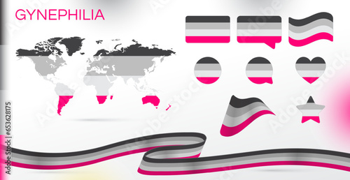 Gynephilia flag. LGBT Pride Month in June. World Map. Lesbian Gay Bisexual Transgender. Celebrated annual. Rainbow love concept. Human rights and tolerance. Brush strokes painted blot. Sexual identity