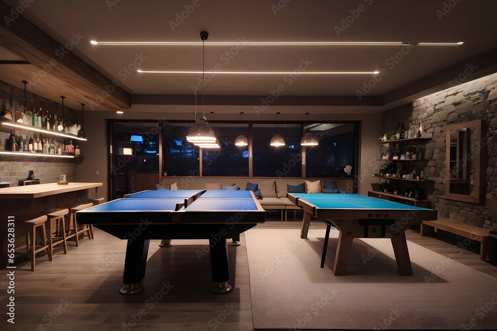 basement, complete with a fully stocked bar, sleek ping pong table, and ...