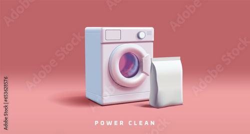 3d illustration for advertising banner with washing machine, and large soft bag package of cleanser, white mockup render illustration