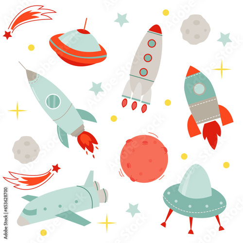 ector set with cute cartoon rocket and space ships, stars and planet for kids isolated on white background