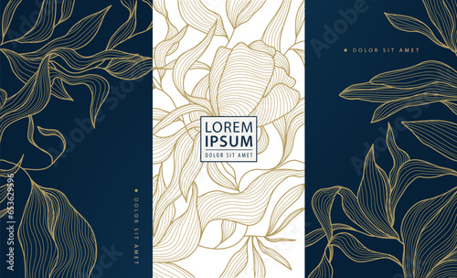 Set of vector design elements labels, frames, wedding invitations, social net stories, packaging, luxury products, perfume, soap, wine. Line golden backgrounds, floral patterns, rose.
