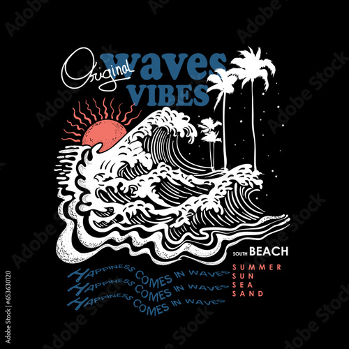Graphic T-shirt design in vector format, this design included for Vintage typography waves text, modern palm tree, surf board, big waves, use this design for T- shirt , sweat shirt, tops, poster,
