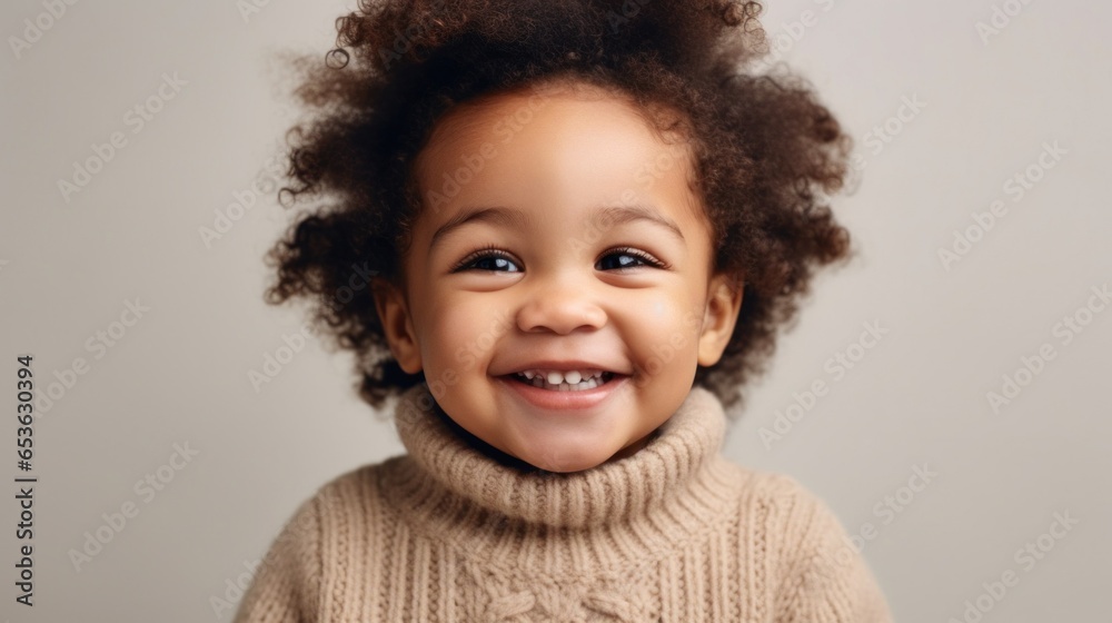 An innocent smile from an African American toddler against a light beige background.