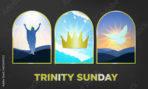 Trinity Sunday Banner. Jesus, the father, crown, holy spirit, dove. Gold Frame. For Design elements, posters, cards, social media, banner, web. Editable. Vector Illustration. 