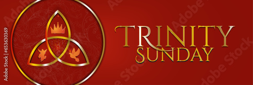 Gold Trinity Sunday symbol poster banner. Observed on the first Sunday after Pentecost. Religious trinity, crown, Jesus, holy spirit, dove. Golden trinity knot with golden ring. Vector Illustration.
