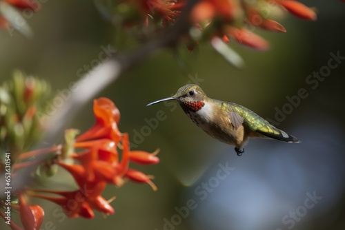 A hummingbird in mid-flight next to a vibrant flower