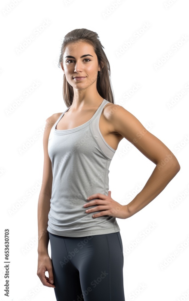 Young and skinny woman in gym top isolated on white background Young and skinny woman in gym top isolated on white background