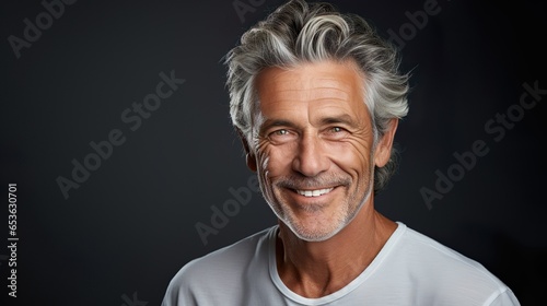 Man in his sixties seventies, elderly older elder man with gray hair is laughing and smiling, mature old man with healthy face ans skin and white teeth