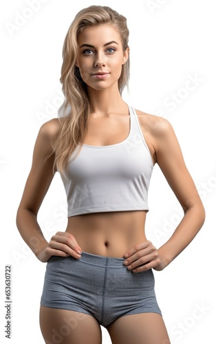 Young and skinny woman in gym top isolated on white background