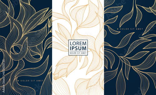 Set of vector design elements labels, frames, wedding invitations, social net stories, packaging, luxury products, perfume, soap, wine. Line golden backgrounds, floral patterns with leaves