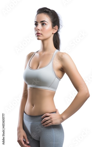 Young and skinny woman in gym top isolated on white background
