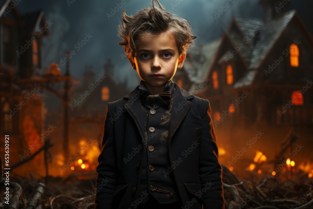 Child dressed as a spooky vampire with fake fangs, standing in front of a haunted house backdrop, Generative AI